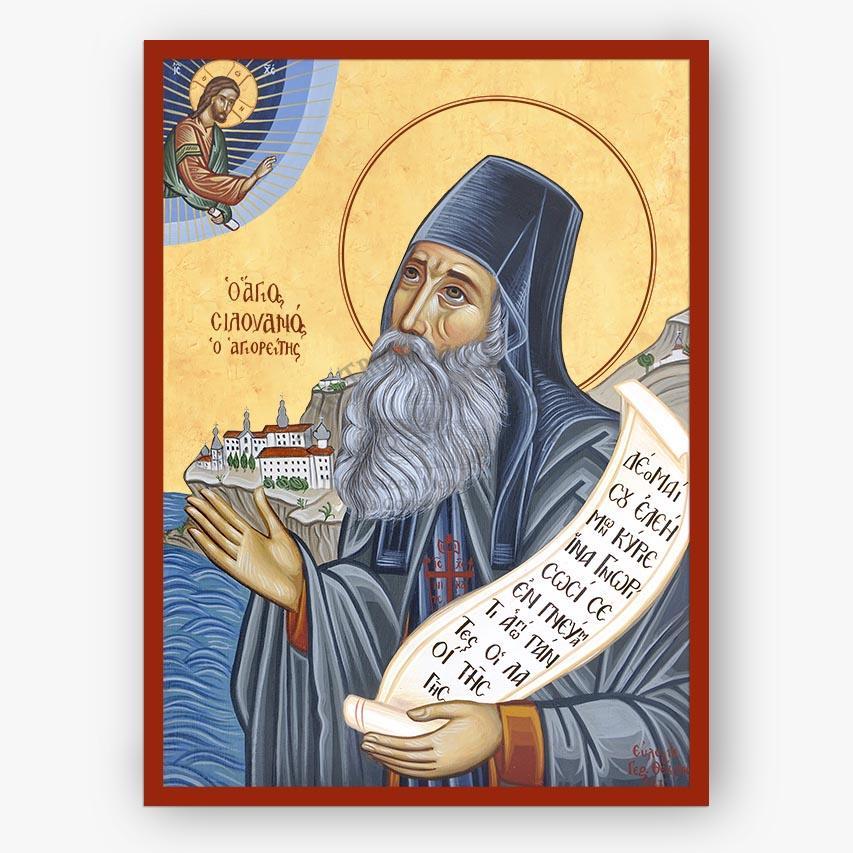 Icon of Saint Silouan the Athonite with a scroll and a landscape in the background
