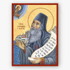 Icon of Saint Silouan the Athonite with a scroll and a landscape in the background