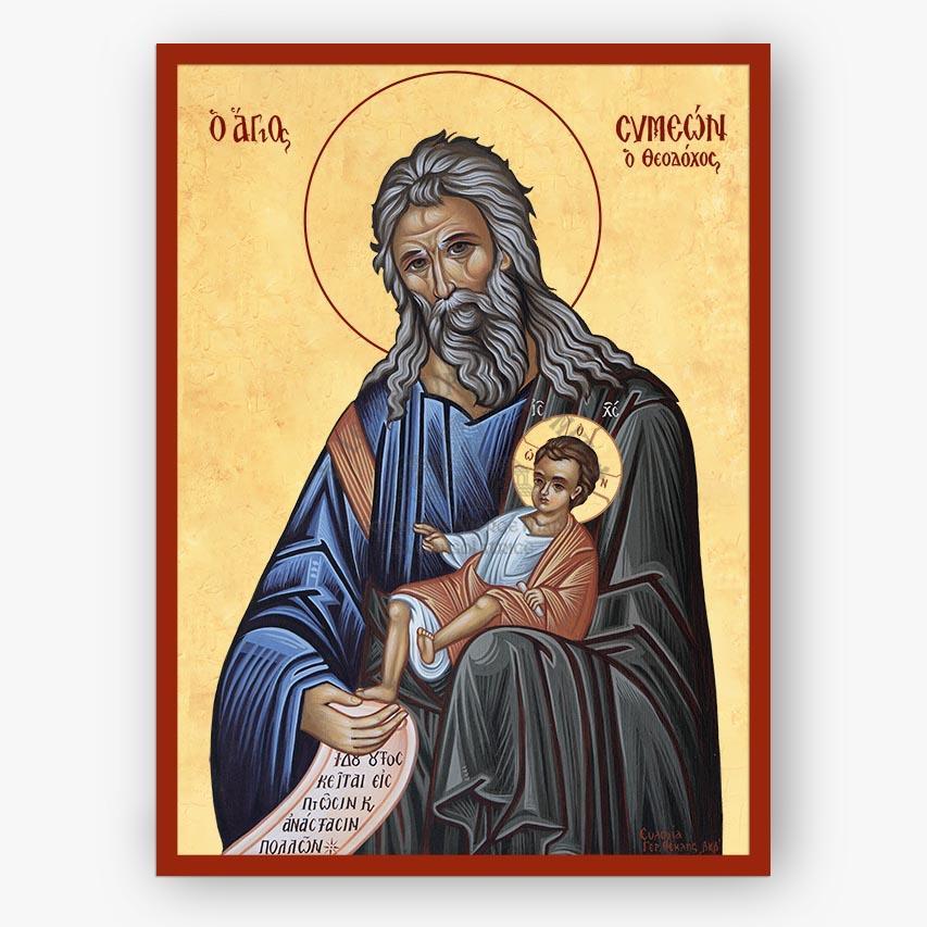 Icon of Saint Symeon the God-receiver holding Christ with a gold background