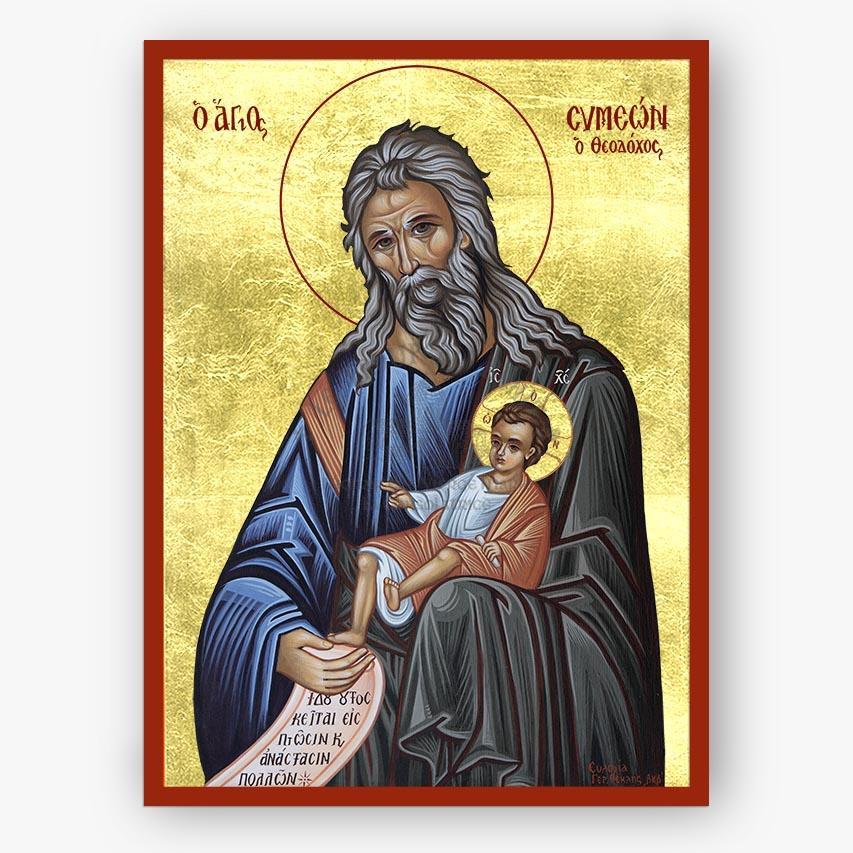 Icon of Saint Symeon the God-receiver holding Christ with a gold background