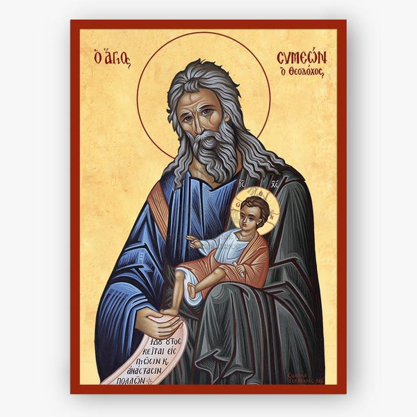 Icon of Saint Symeon the God-receiver holding Christ with a gold background