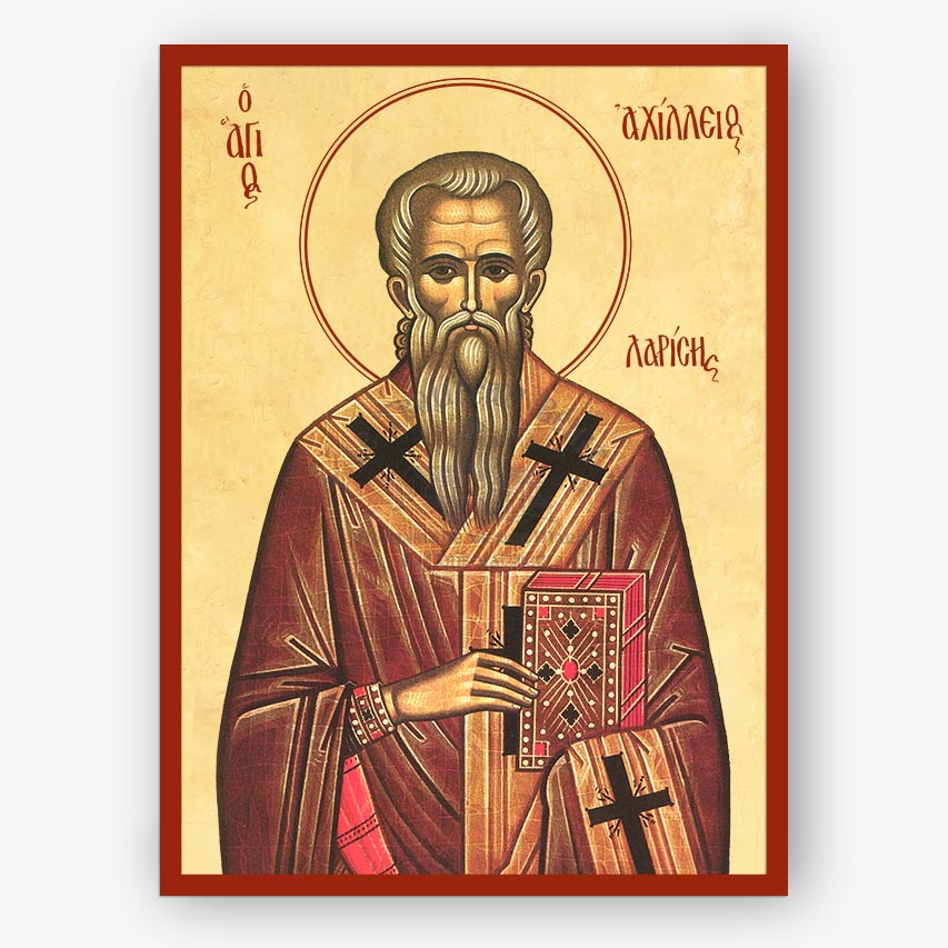 Icon of Saint Achilles metropolitan of Larissa holding a book with cross symbols on a beige background