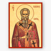 Icon of Saint Achilles metropolitan of Larissa holding a book with cross symbols on a beige background