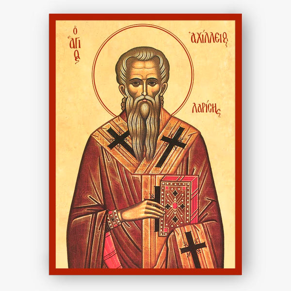 Icon of Saint Achilles metropolitan of Larissa holding a book with cross symbols on a beige background