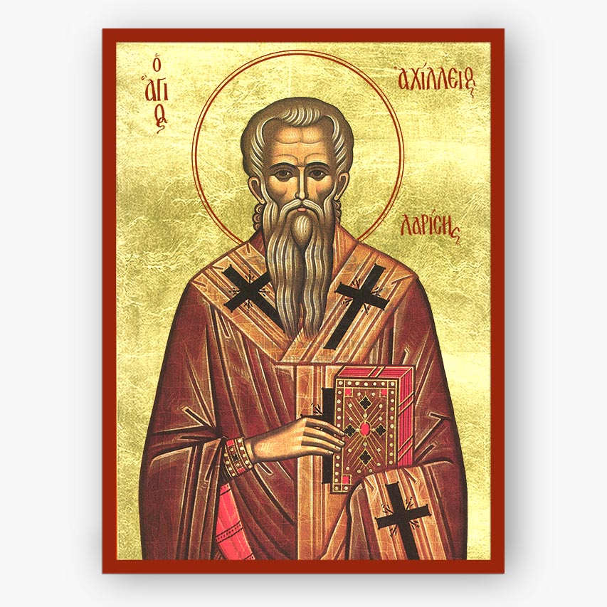 Icon of Saint Achilles metropolitan of Larissa holding a book with cross symbols on a gold background