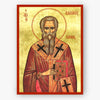 Icon of Saint Achilles metropolitan of Larissa holding a book with cross symbols on a gold background