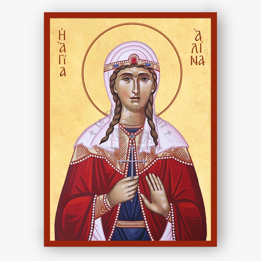 Icon of Saint Alina holding a cross wearing a red robe and  white veil adorned with diamonds on a beige background and a red border.