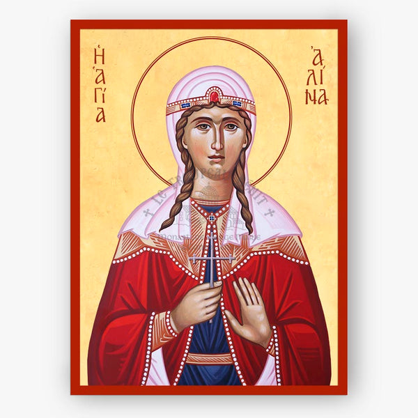Icon of Saint Alina holding a cross wearing a red robe and  white veil adorned with diamonds on a beige background and a red border.
