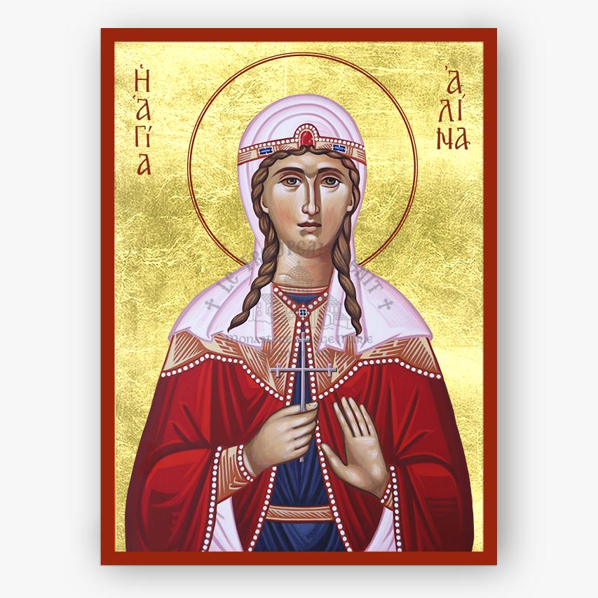Icon of Saint Alina holding a cross wearing a red robe and  white veil adorned with diamonds on a gold background and a red border.