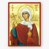 Icon of Saint Anastasia the deliverer of potions with a red robe and white headscarf, holding a cross and a bottle, on a gold background.
