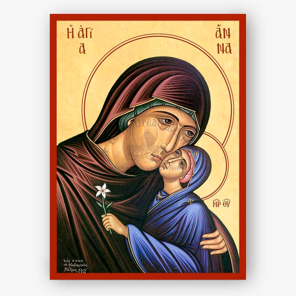 Saint Anna, holding the Theotokos who is holding a white flower on a beige background with a red border.