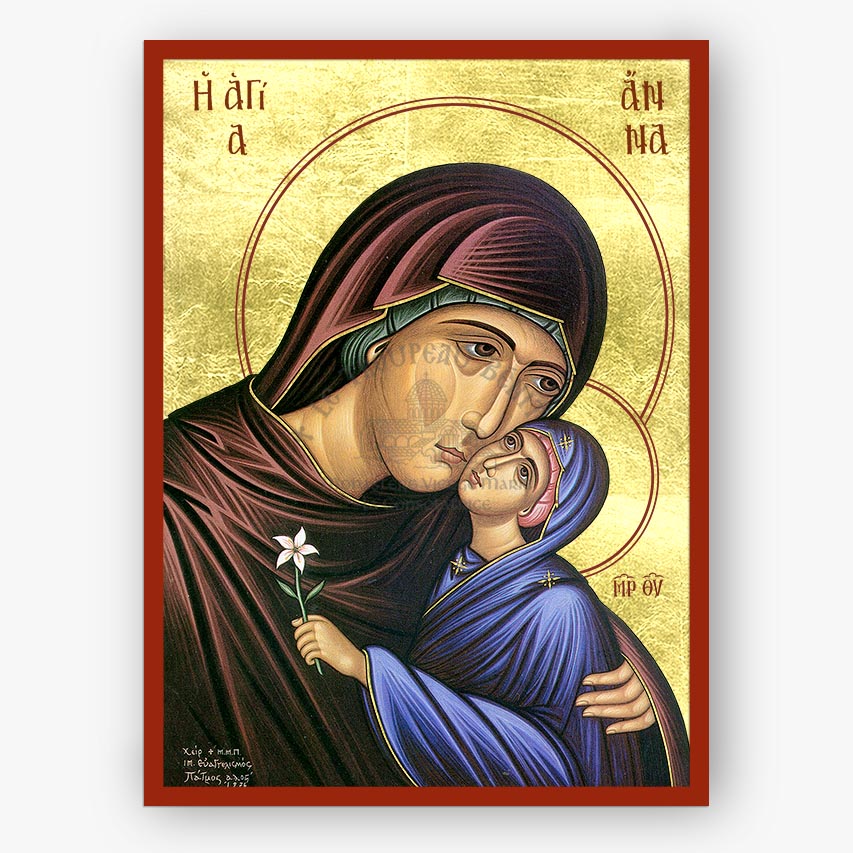 Saint Anna, holding the Theotokos who is holding a white flower on a gold background with a red border.