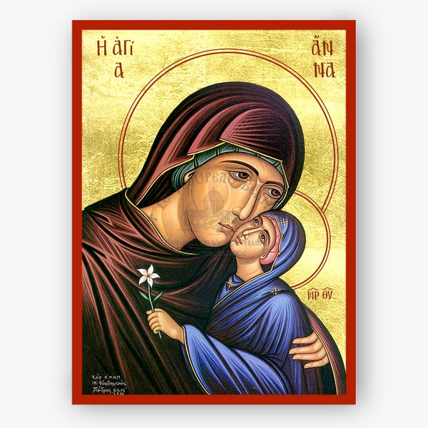 Saint Anna, holding the Theotokos who is holding a white flower on a gold background with a red border.