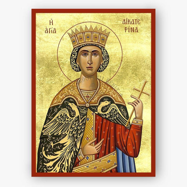 Icon of a religious figure with wings and a cross on a gold background