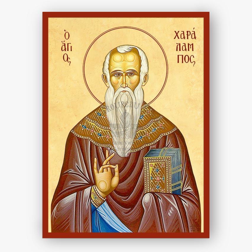 Icon of Saint Charalambos with a red border and beige background