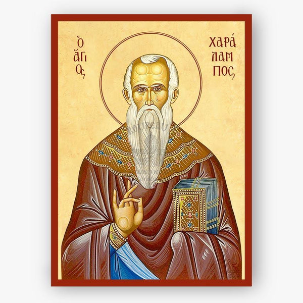 Icon of Saint Charalambos with a red border and beige background