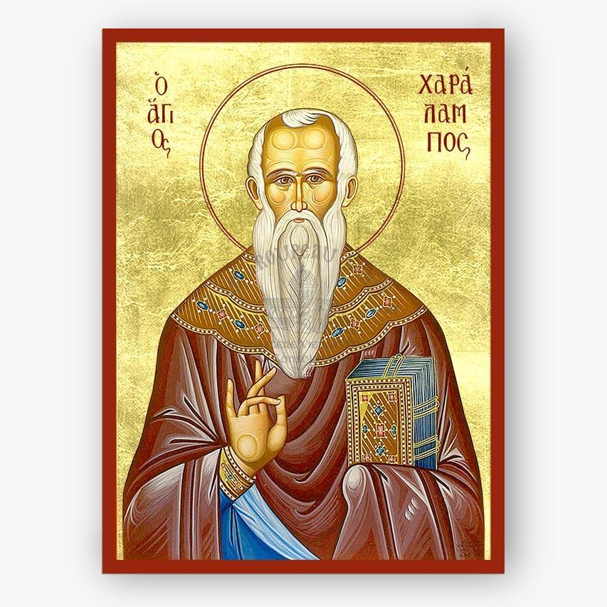 Icon of Saint Charalambos with a gold background and red border