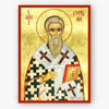 Icon of Saint Cyprian with vestments and cross symbols, framed with decorative elements on a gold background and a red border.