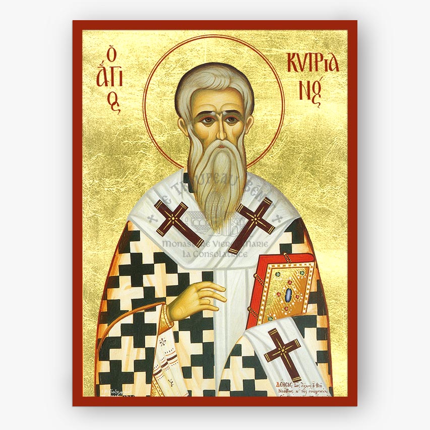 Icon of Saint Cyprian with vestments and cross symbols, framed with decorative elements on a gold background and a red border.