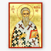 Icon of Saint Cyprian with vestments and cross symbols, framed with decorative elements on a gold background and a red border.