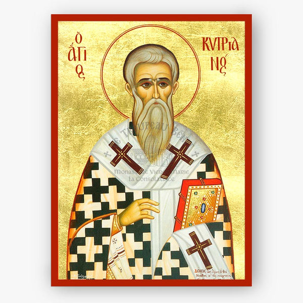 Icon of Saint Cyprian with vestments and cross symbols, framed with decorative elements on a gold background and a red border.