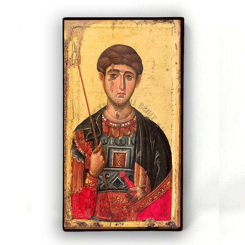 Vintage icon of Saint Dimitrios with a staff on a beige background