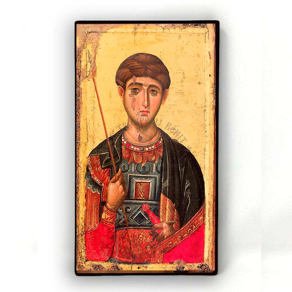 Vintage icon of Saint Dimitrios with a staff on a beige background