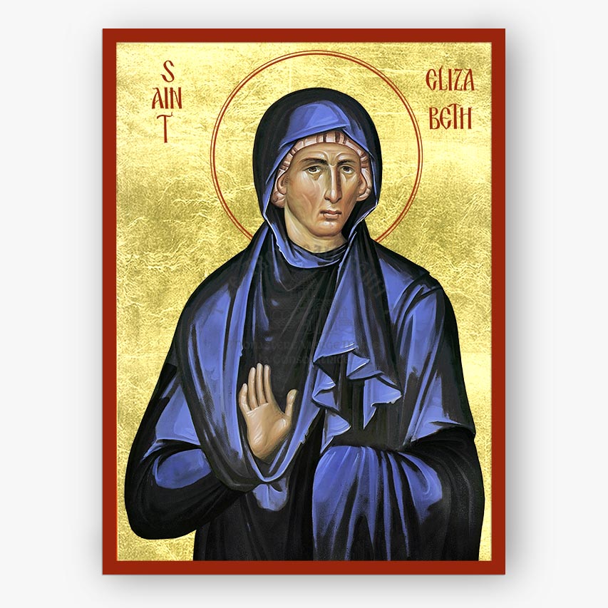 Icon of saint Elizabeth in blue robes with a gold background