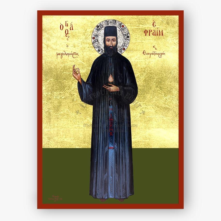 Icon of Saint Ephraim of Nea Makri, in dark robes with a red border on a gold background