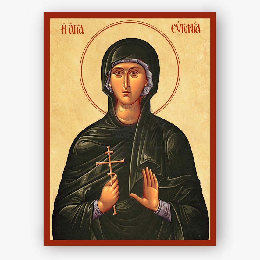 Icon of Saint Eugenia on a beige background and red border