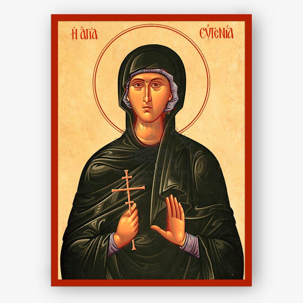 Icon of Saint Eugenia on a beige background and red border