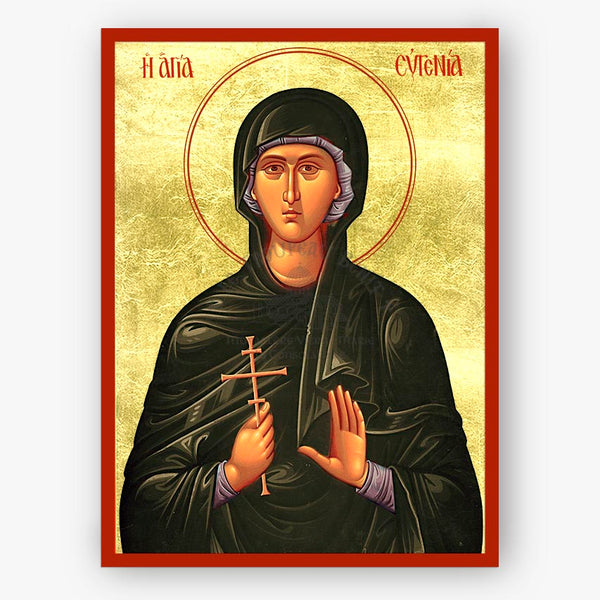 Icon of Saint Eugenia on a gold background and red border