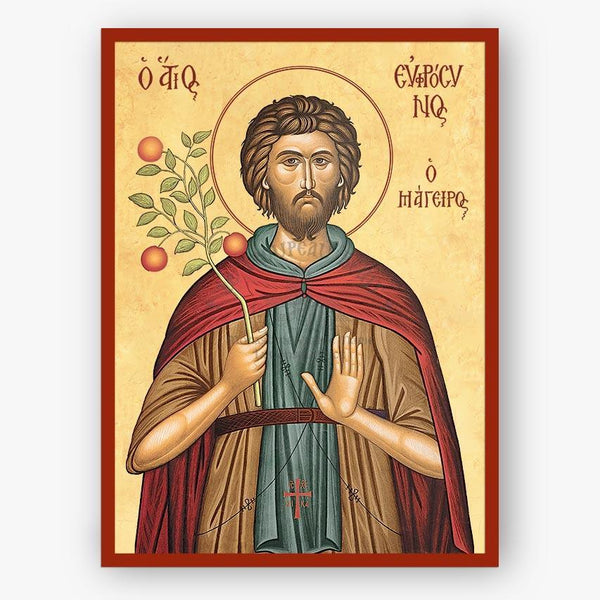 Icon of Saint Euphrosynos with a red robe and staff on a beige background