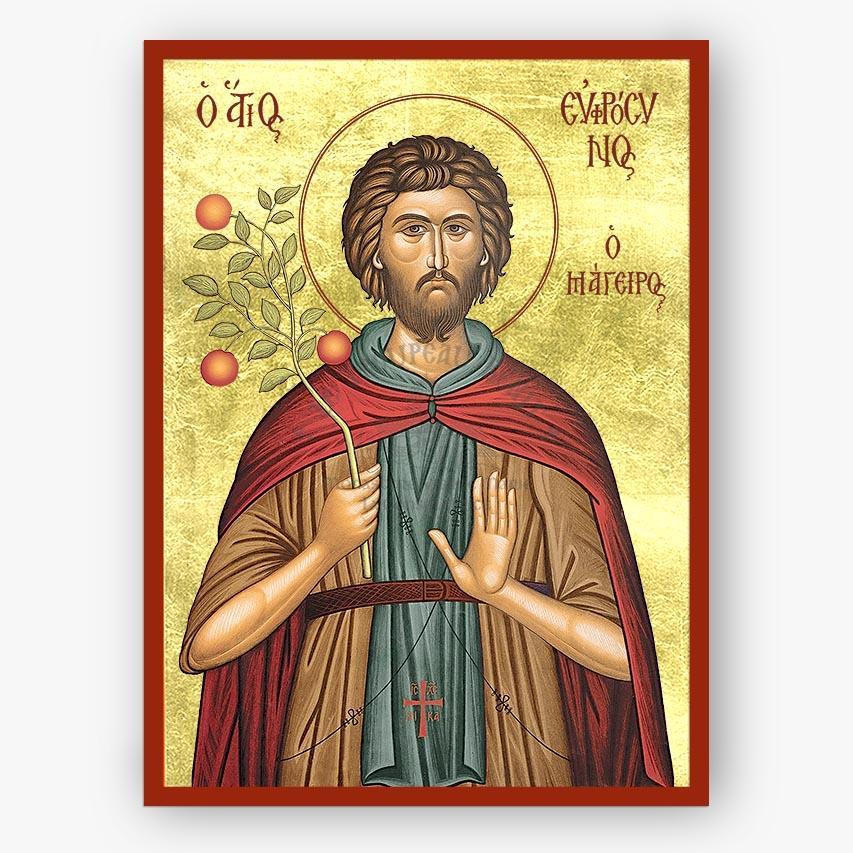 Icon of Saint Euphrosynos with a red robe and staff on a gold background