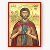 Icon of Saint Euphrosynos with a red robe and staff on a gold background