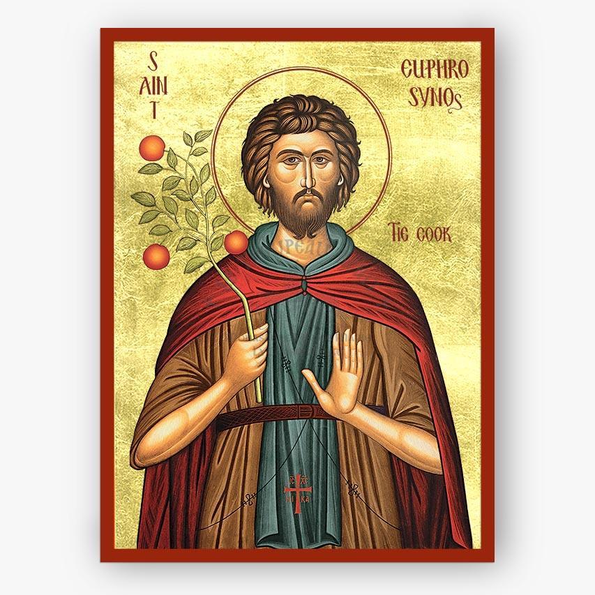 A religious icon-style print of Saint Euphrosynos, shown with a gold background, red border, brown robe, blue tunic, and red cloak. The Saint holds a branch with red fruits, and the text reads 'SAINT' and 'EUPHROSYNOS THE COOK'.