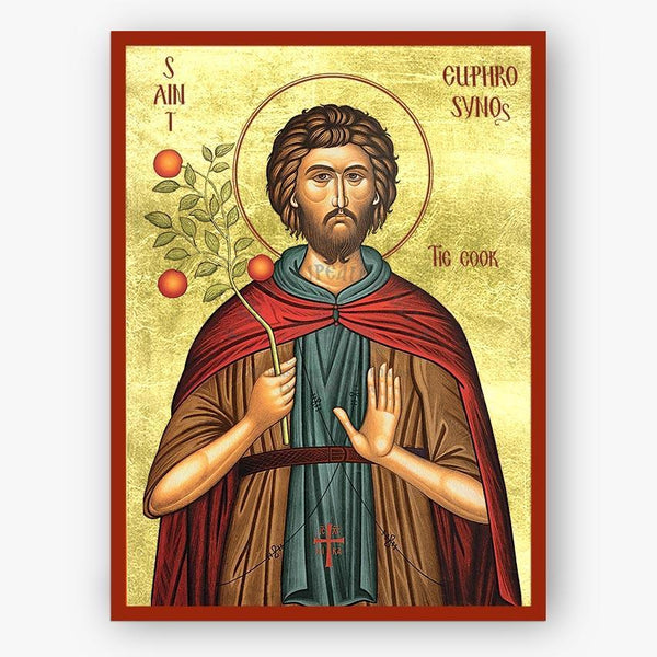A religious icon-style print of Saint Euphrosynos, shown with a gold background, red border, brown robe, blue tunic, and red cloak. The Saint holds a branch with red fruits, and the text reads 'SAINT' and 'EUPHROSYNOS THE COOK'.