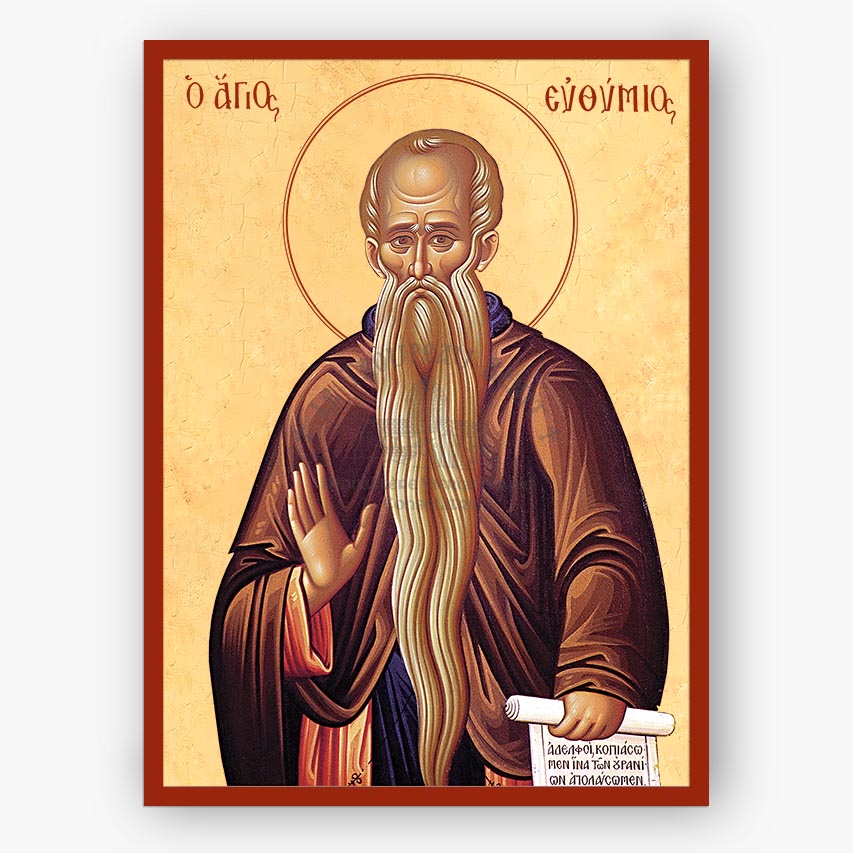 Icon of a bearded religious figure with a long beard and a scroll, on a beige background.