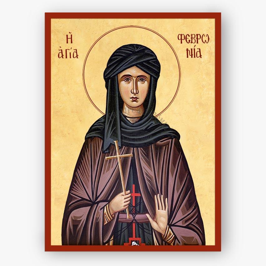 Icon of Saint Fevronia with a cross and a red cross symbol, on a beige background.