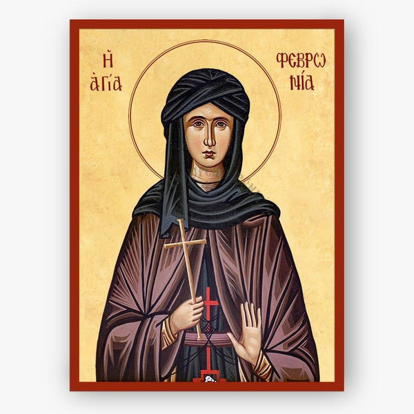 Icon of Saint Fevronia with a cross and a red cross symbol, on a beige background.