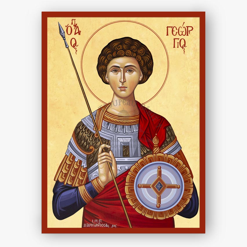 Icon of Saint George the Great Martyr holding a spear and shield with decorative elements on a beige background.
