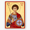 Icon of Saint George the Great Martyr holding a spear and shield with decorative elements on a beige background.