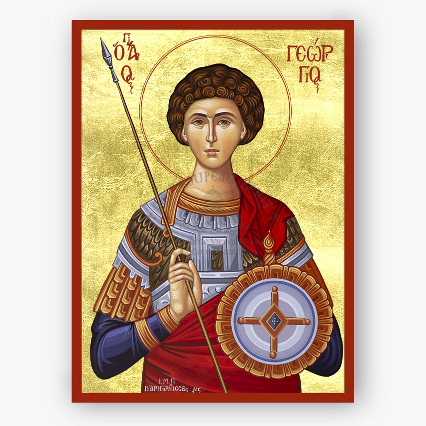 Icon of Saint George the Great Martyr holding a spear and shield with decorative elements on a gold background