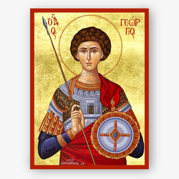 Icon of Saint George the Great Martyr holding a spear and shield with decorative elements on a gold background
