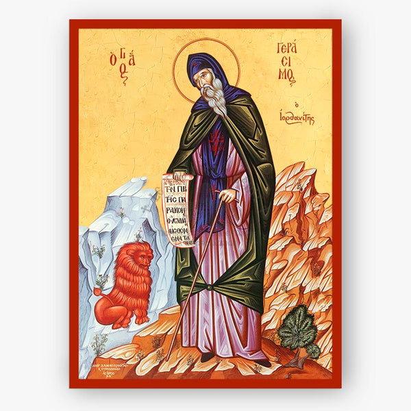 Saint Gerasimos of the Jordan, standing on a rock with mountains in the background and a lion on his left. 