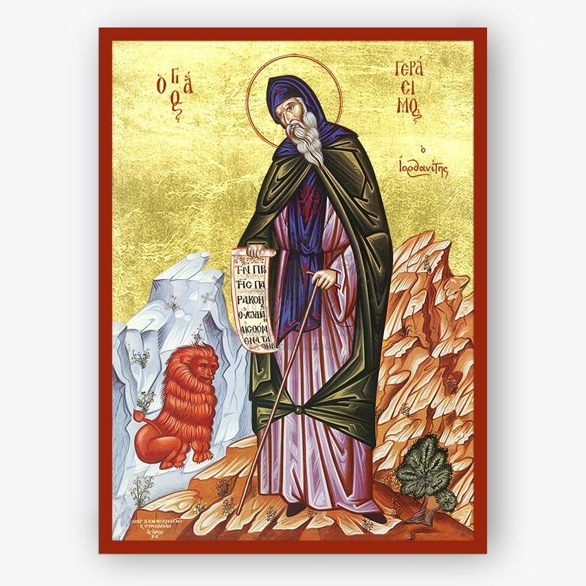 Saint Gerasimos of the Jordan, standing on a rock with mountains in the back and a lion on his left on a gold background with a red border. 