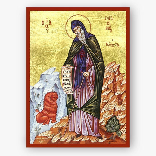 Saint Gerasimos of the Jordan, standing on a rock with mountains in the back and a lion on his left on a gold background with a red border. 