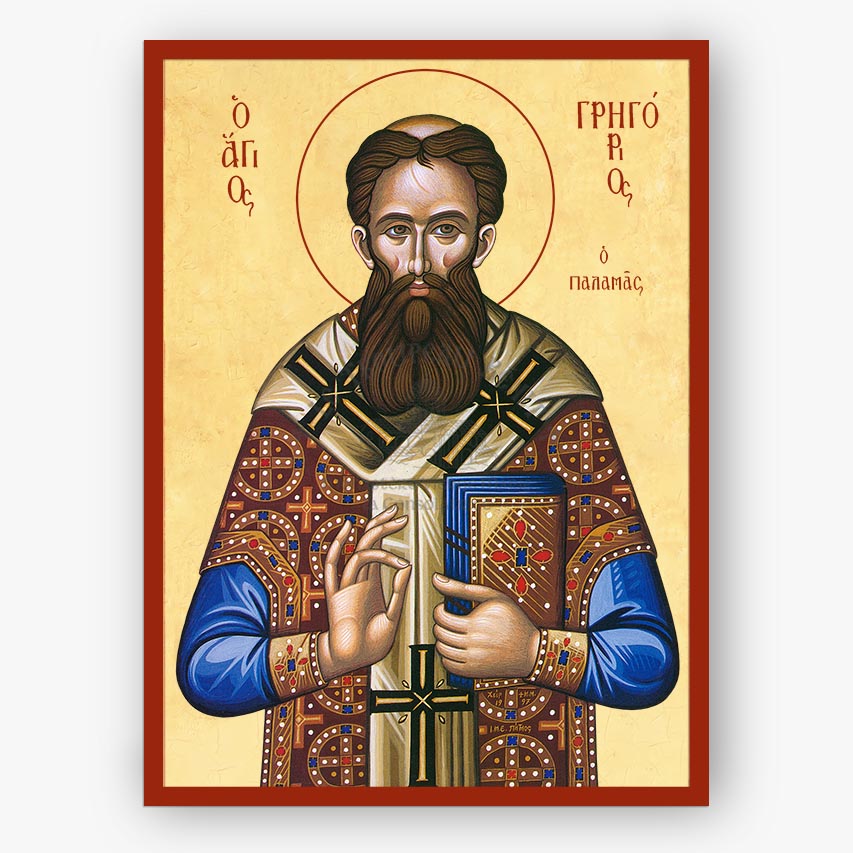 Saint Gregory Palamas holding the Gospel on a beige background with a red border.