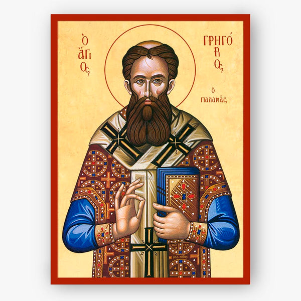 Saint Gregory Palamas holding the Gospel on a beige background with a red border.
