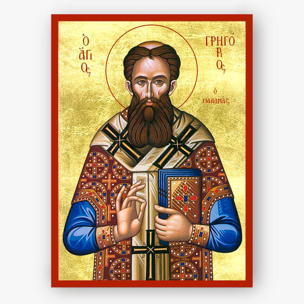 Saint Gregory Palamas holding the Gospel on a gold background with a red border.